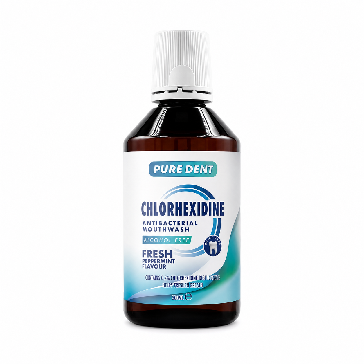 Pure Dent Chlorhexidine Antibacterial Mouthwash 300ml in an amber bottle with white cap, centred on a clean white background; alcohol-free peppermint formula with 0.2% chlorhexidine helps freshen breath.