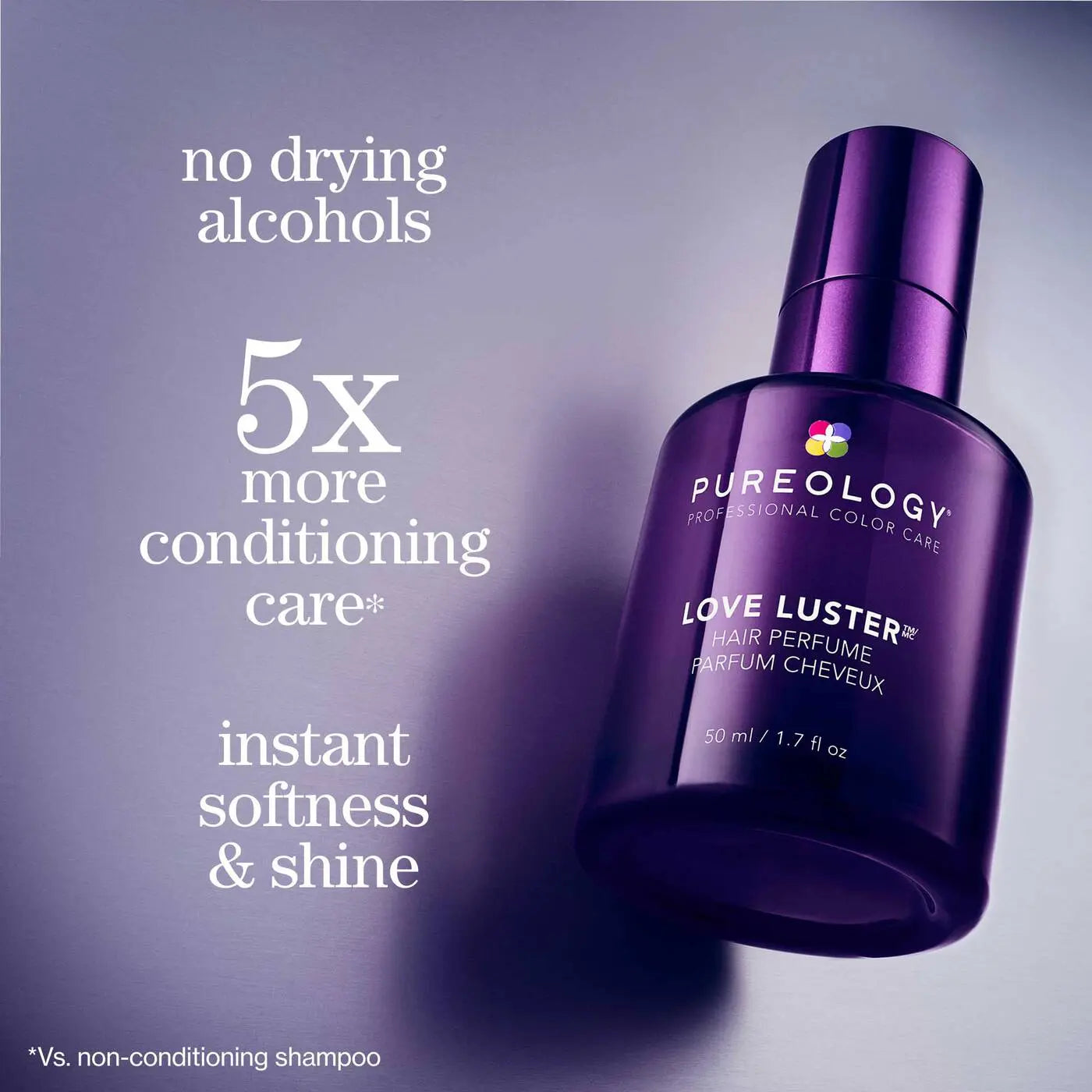 Pureology Love Luster Hair Perfume with no drying alcohols provides 5x more conditioning care, instant softness and brilliant shine