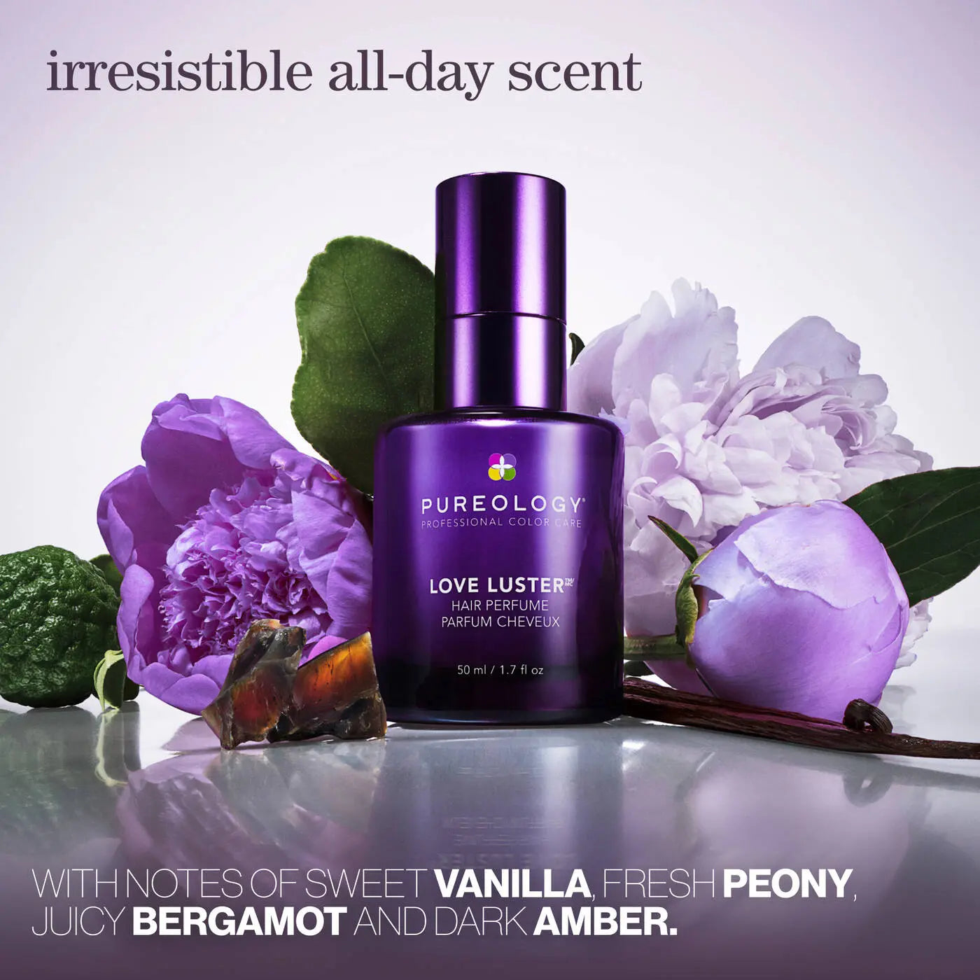 Pureology Love Luster Hair Perfume featuring sweet vanilla, fresh peony, juicy bergamot and dark amber fragrance notes