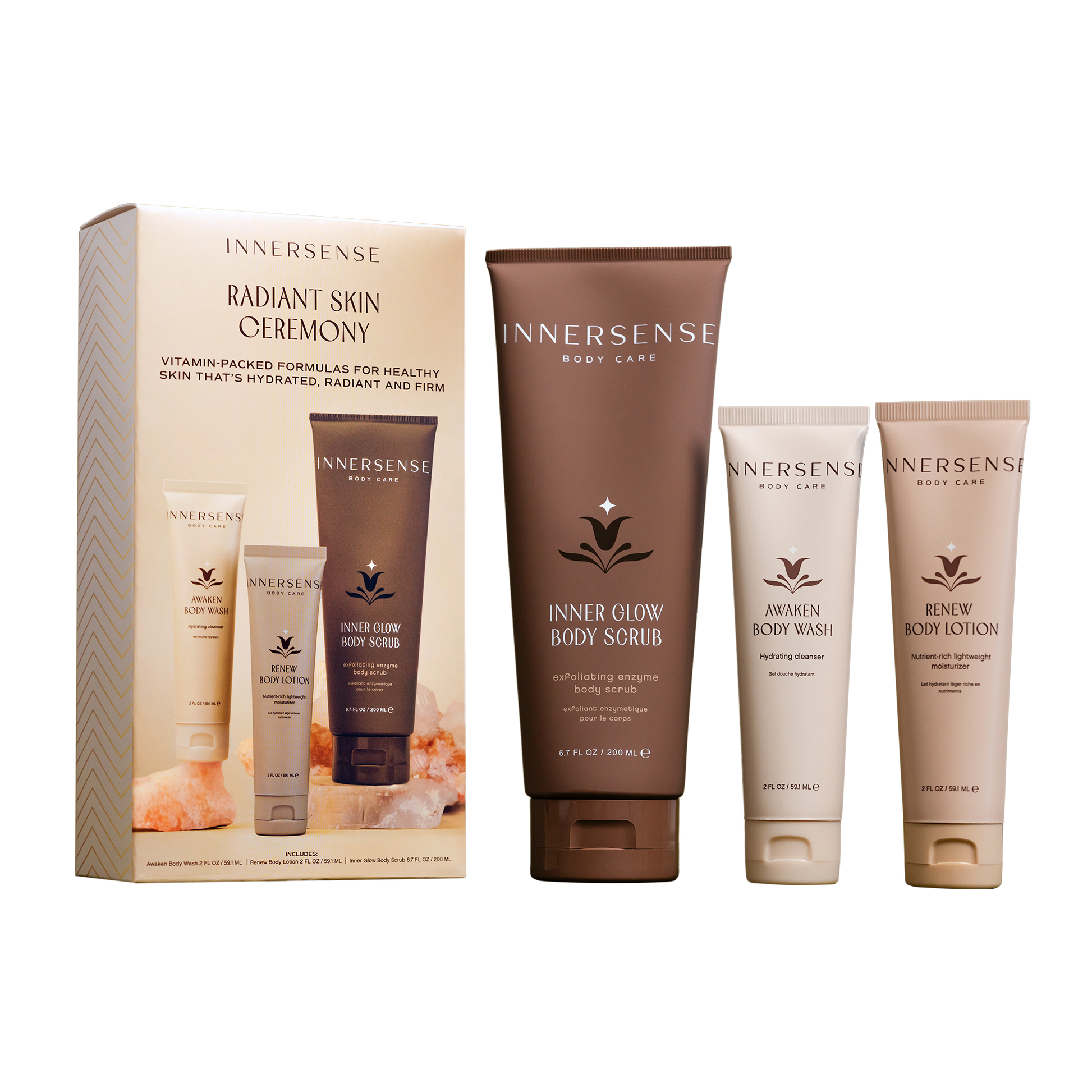 Innersense radiant skin ceremony body care products including a box, scrub, lotion, and wash on a white background