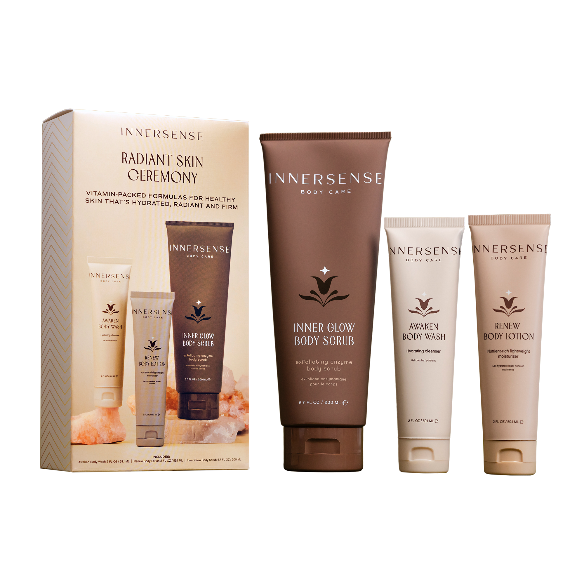 Innersense body care products including a box, scrub, lotion, and wash on a white background