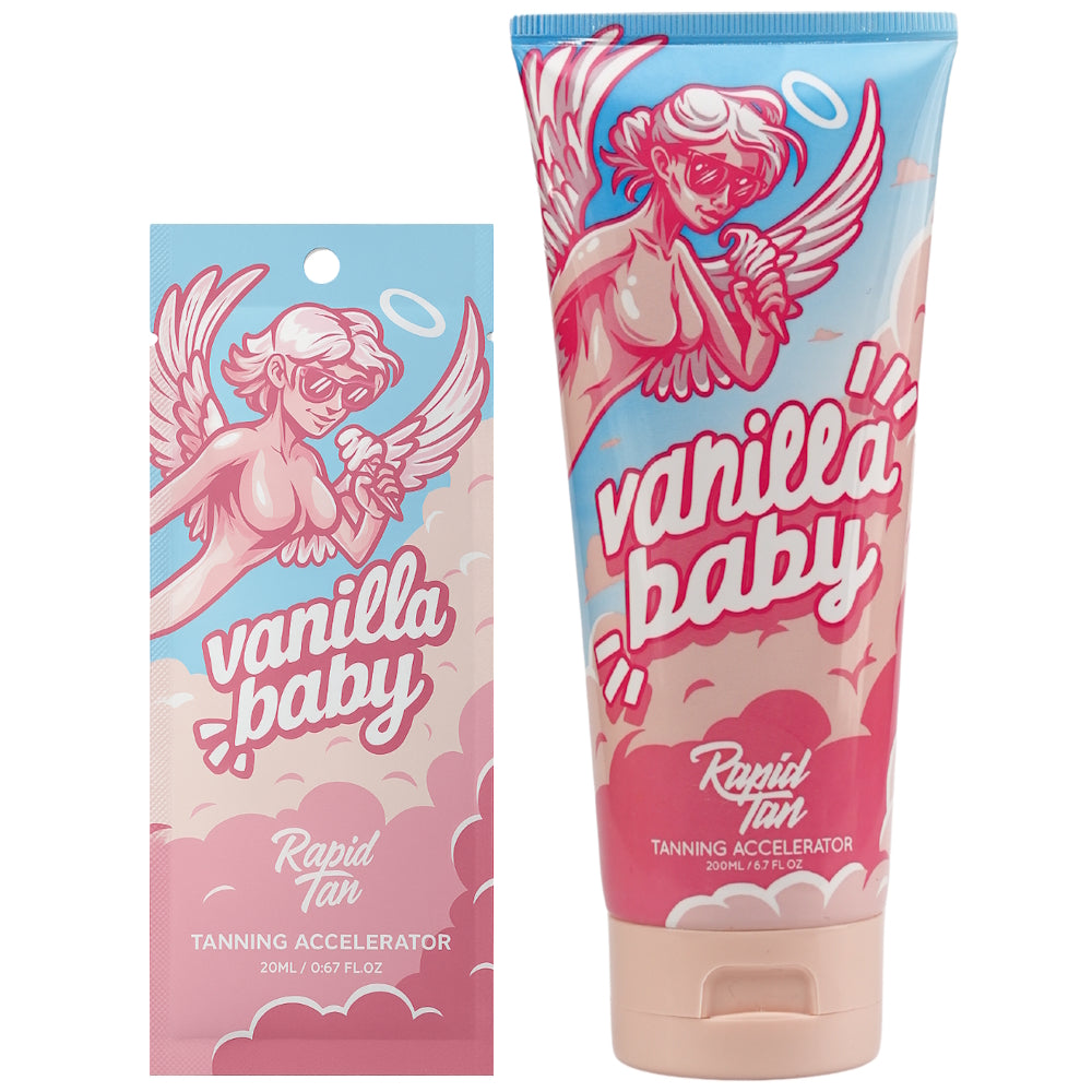 Rapid Tan Vanilla Baby Tanning Accelerator available in 20ml sachet and 200ml tube at Kiyo Beauty