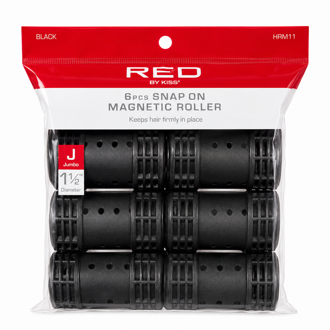 RED by KISS HRM11 six-piece jumbo black snap-on magnetic hair rollers, 1 1/2-inch diameter, for secure styling and voluminous curls, on white.