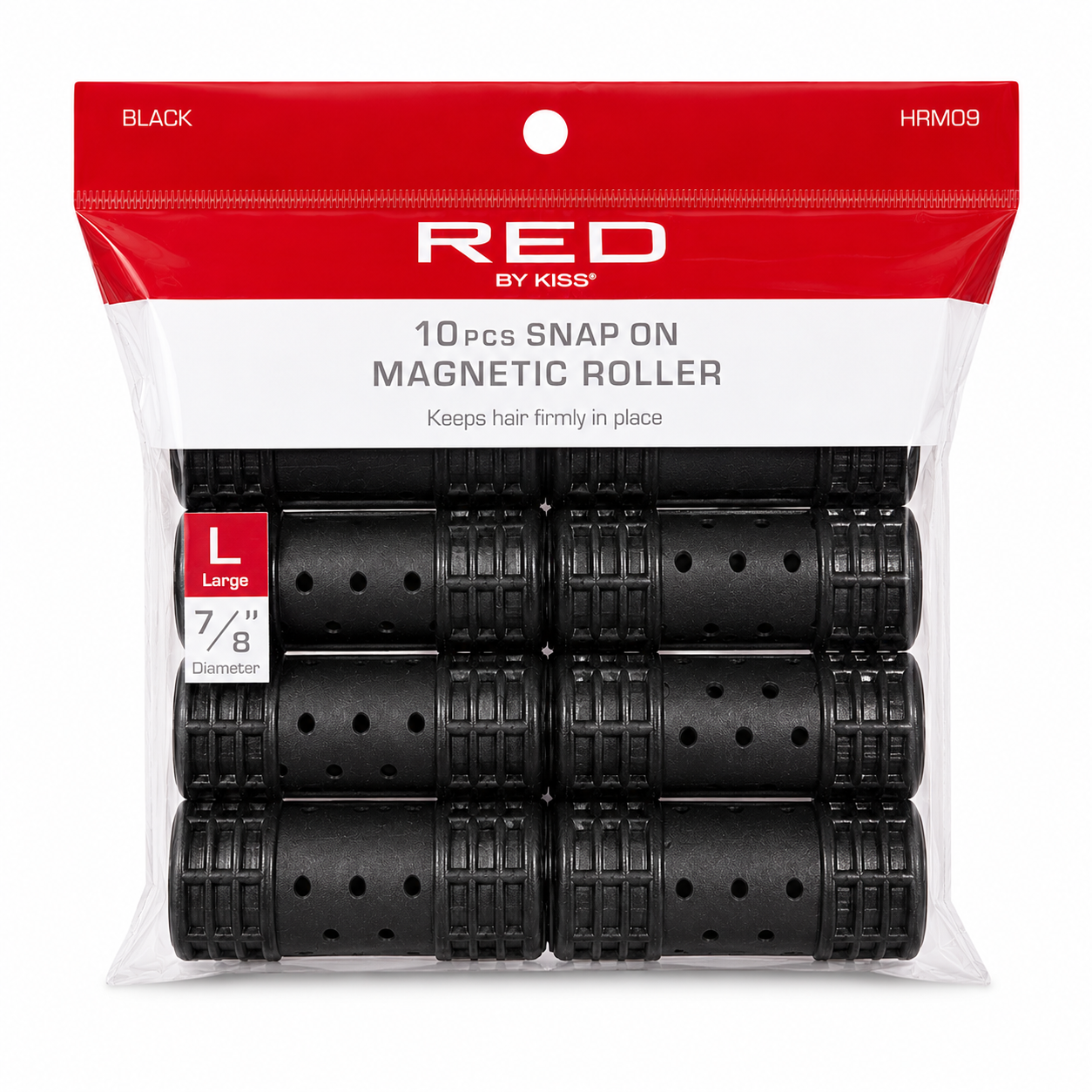 RED by KISS HRM09 10-piece large black snap-on magnetic hair rollers, 7/8-inch diameter, designed to hold hair firmly in place, on white.
