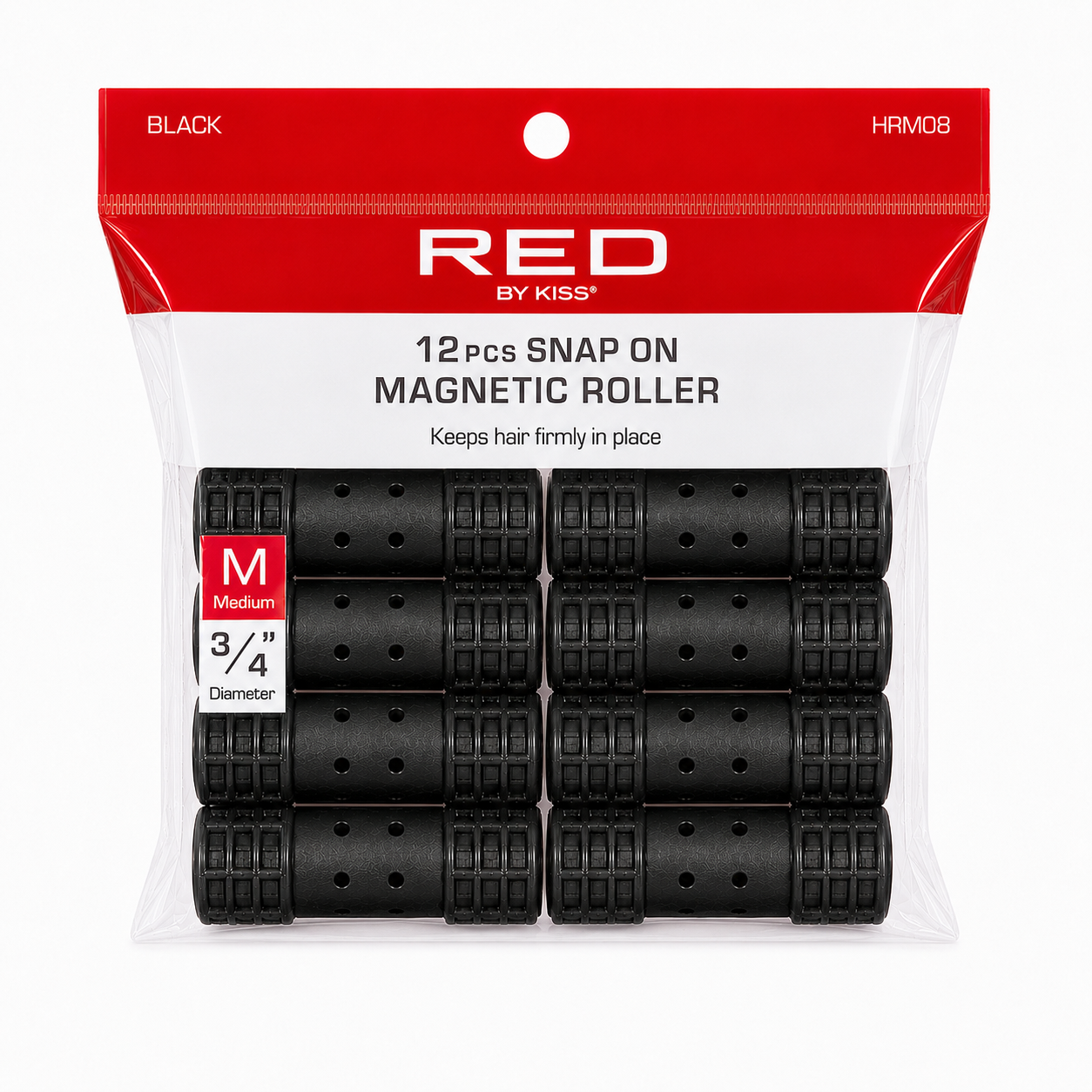 RED by KISS HRM08 12-piece medium black snap-on magnetic hair rollers, 3/4-inch diameter, in a clear red-and-white pouch on a white background.