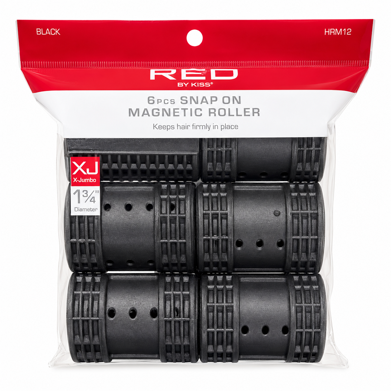 RED by KISS HRM12 six-piece extra-jumbo black snap-on magnetic hair rollers, 1 3/4-inch diameter, in a clear branded pouch on a white background.

