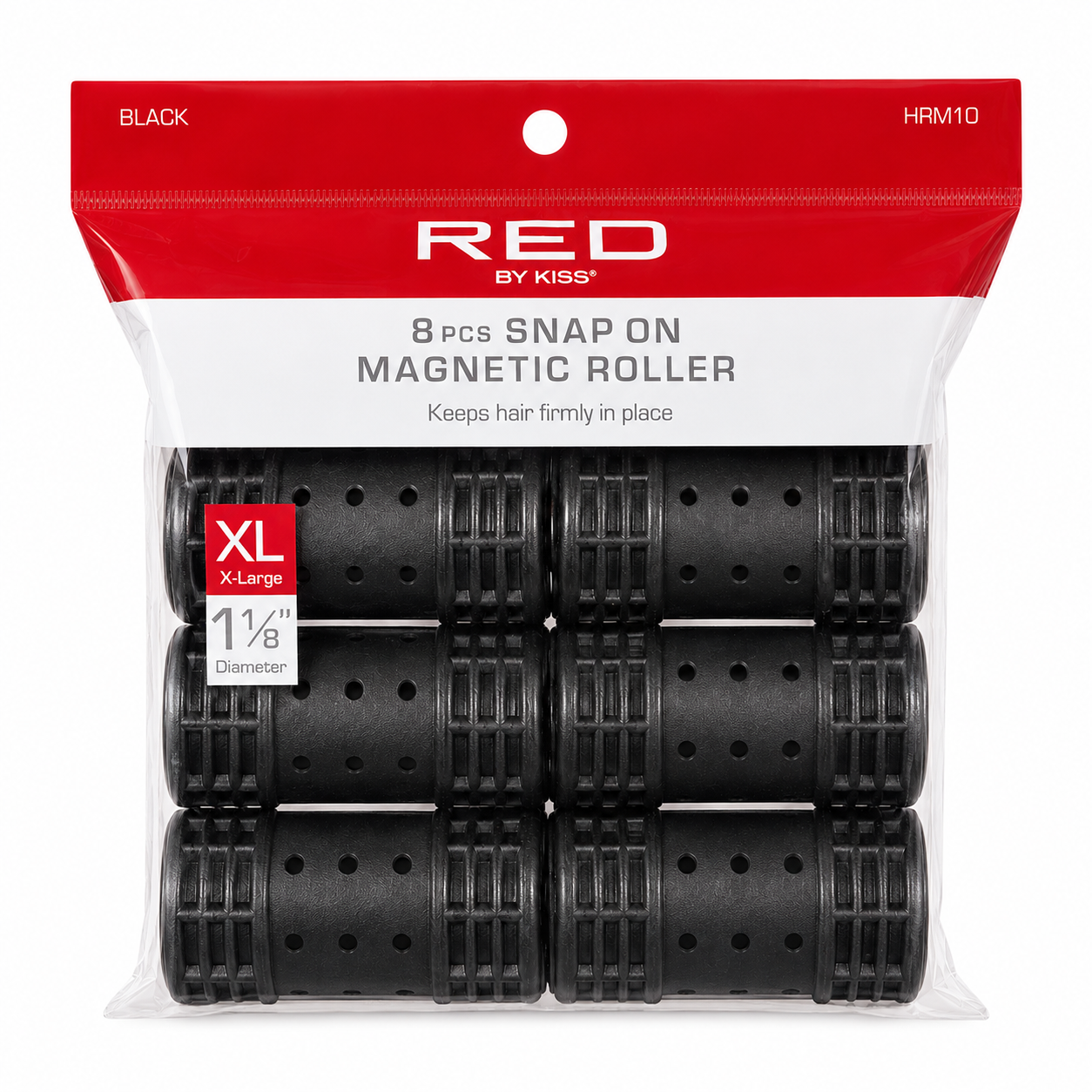RED by KISS HRM10 eight-piece extra-large black snap-on magnetic hair rollers, 1 1/8-inch diameter, in clear packaging on a white background.