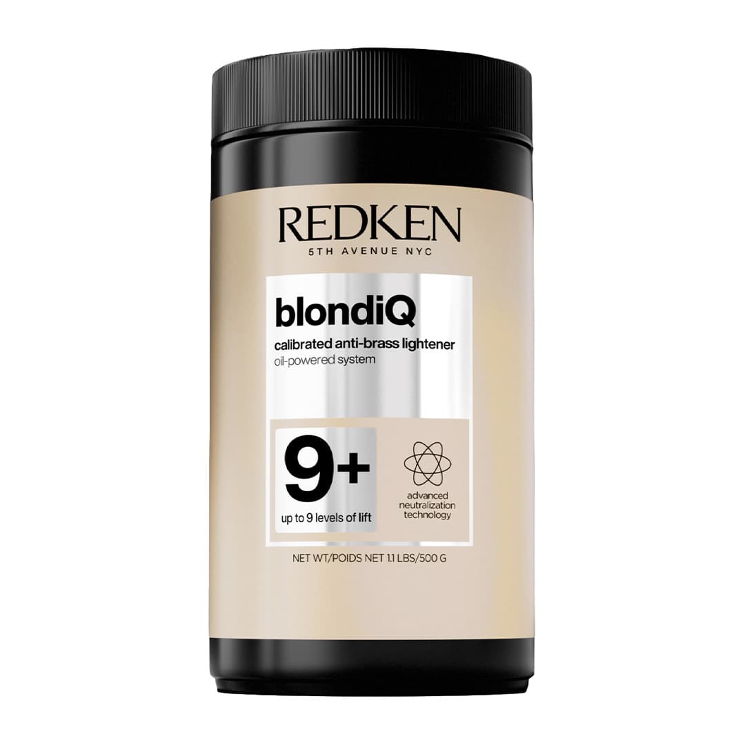 Front view of Redken BlondiQ 9+ Calibrated Anti-Brass Lightener 500g tub with advanced neutralisation technology for up to nine levels of lift