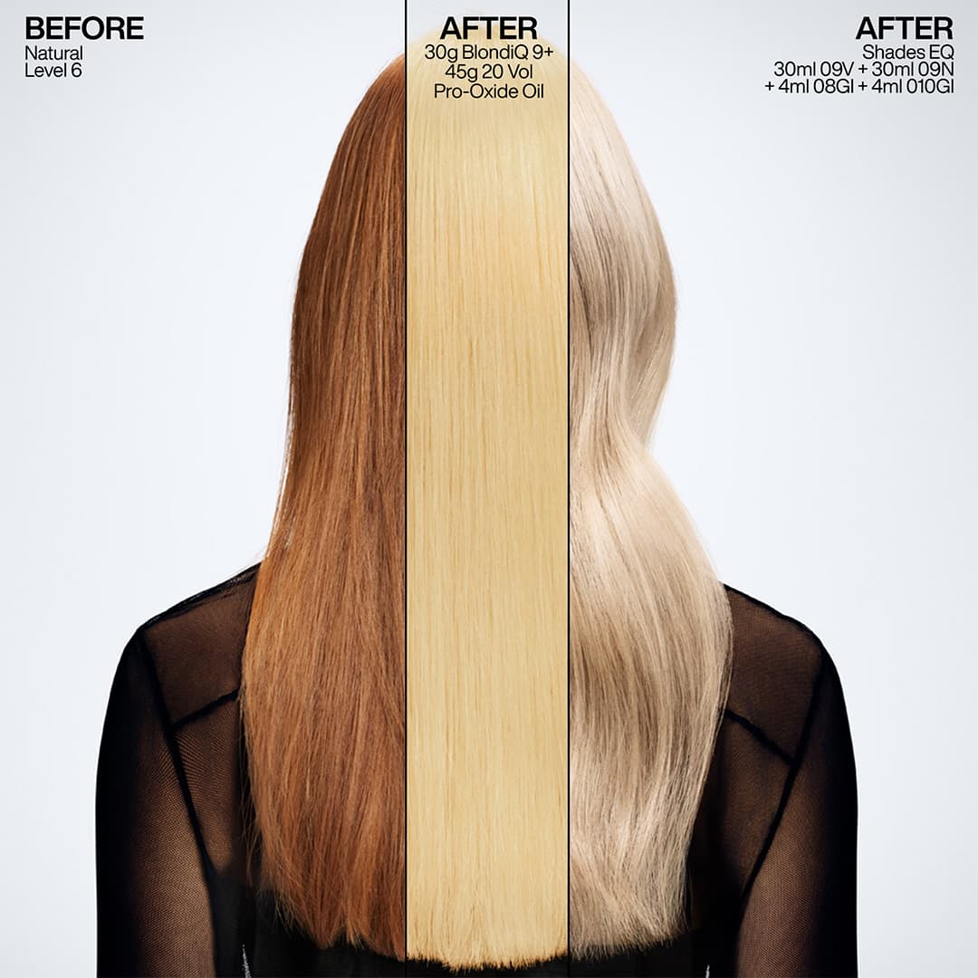 Before, lifted and toned hair comparison showing natural level-six auburn hair transformed using Redken BlondiQ 9+ and Shades EQ