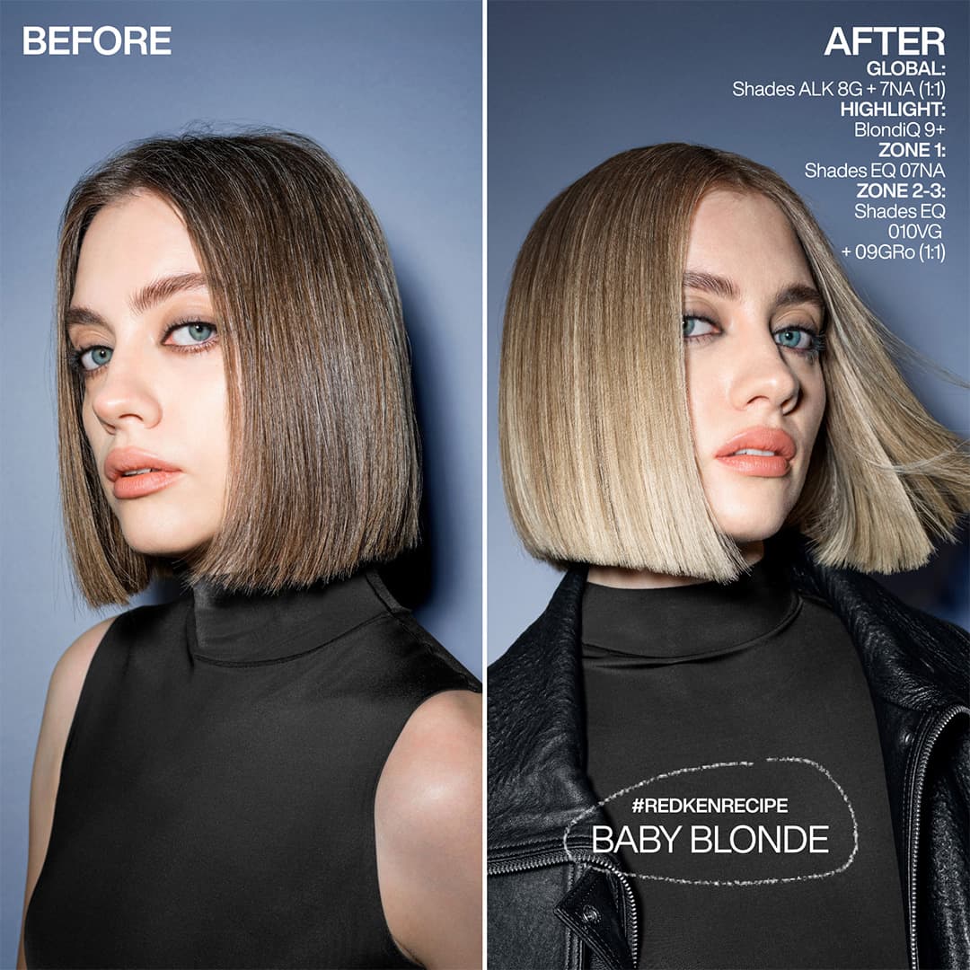 Before-and-after bob hairstyle showing brunette hair transformed into a cool baby blonde using Redken BlondiQ 9+ lightener and Shades EQ