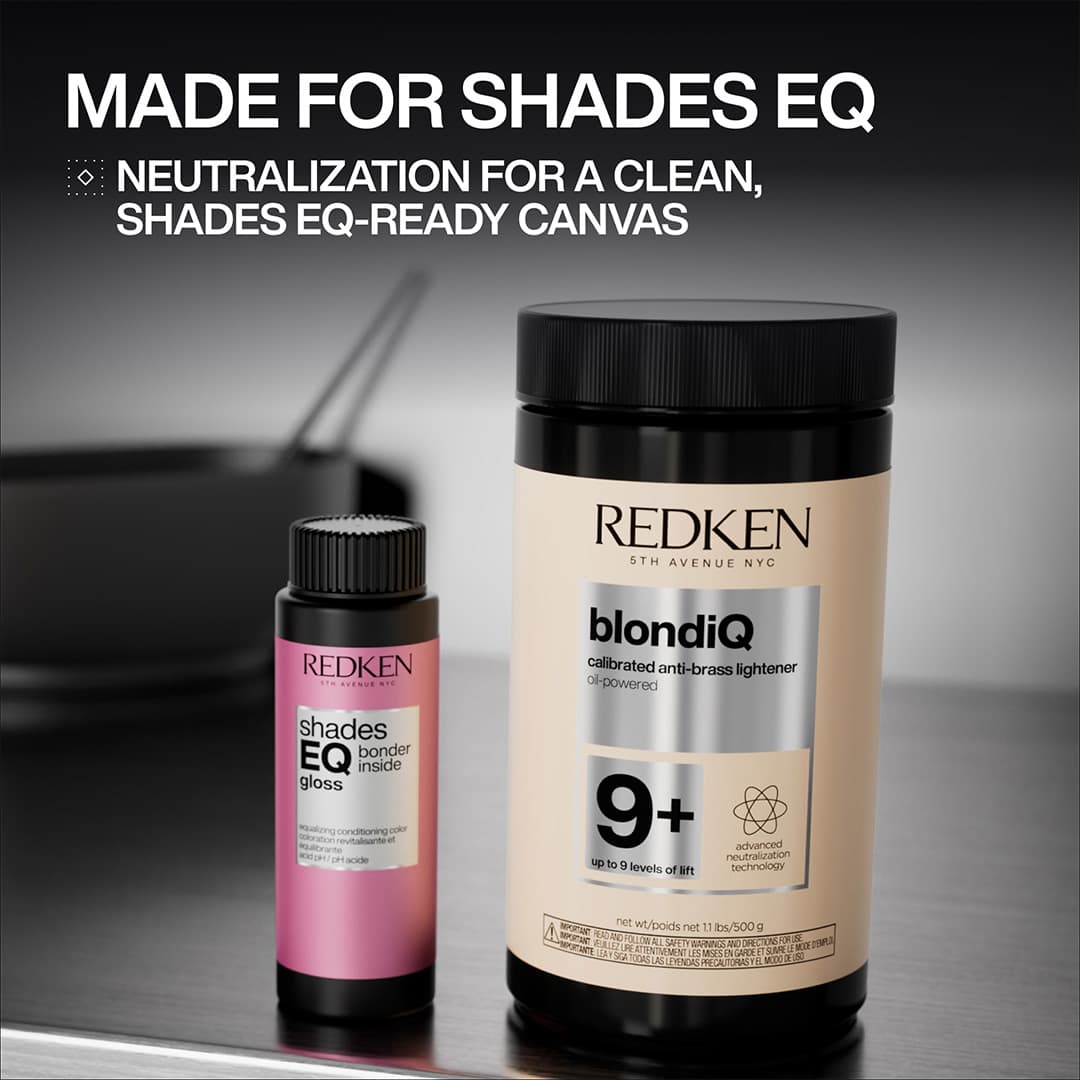 Redken BlondiQ 9+ Calibrated Anti-Brass Lightener 500g displayed with Shades EQ Gloss for a clean, neutralised base ready for toning