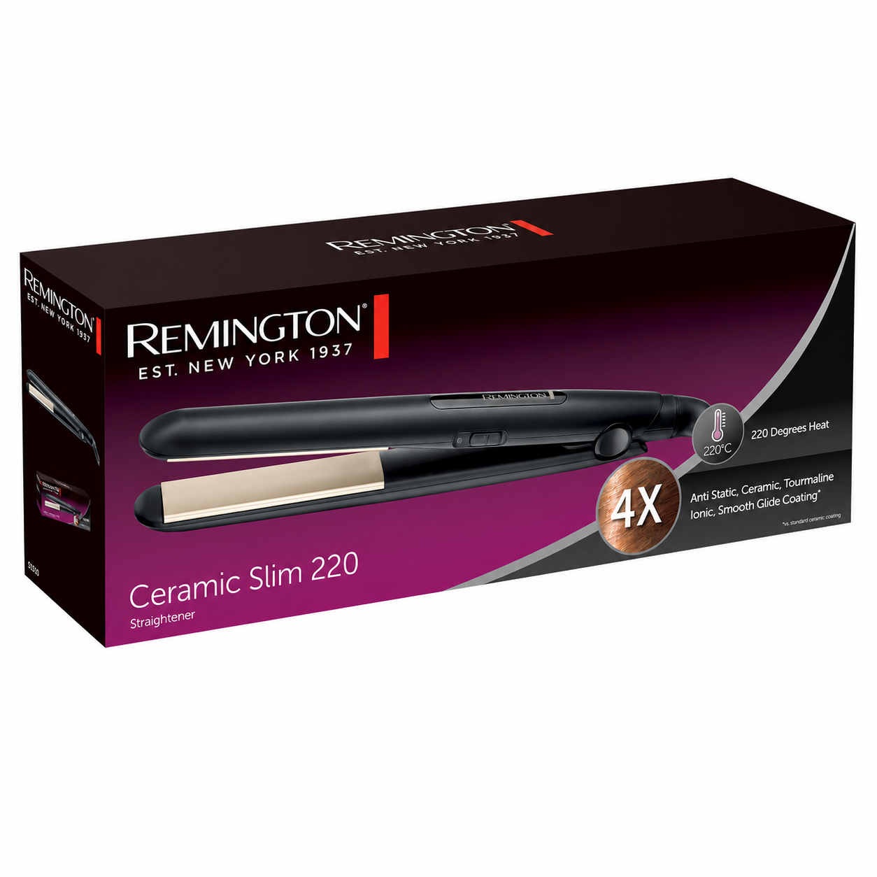 Remington Ceramic Slim 220 Hair Straightener retail packaging showing 220°C ceramic styling tool with anti-static, ionic and tourmaline coating.