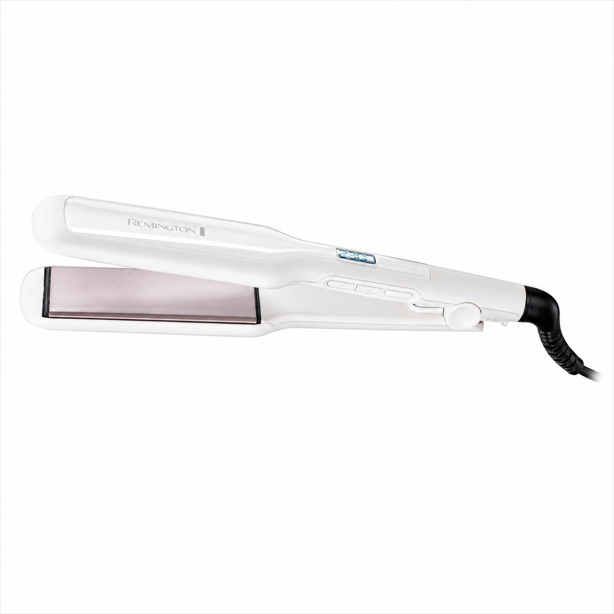 Remington Pro Ceramic Extra Wide Plate Straightener in white with extra wide ceramic plates, digital temperature display and adjustable heat settings on a white background.