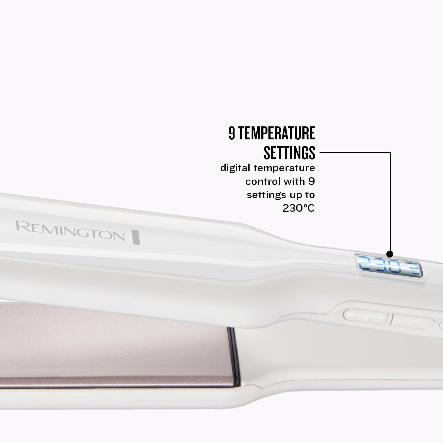 Remington Pro Ceramic Extra Wide Plate Straightener with digital temperature display, 9 heat settings and adjustable styling temperatures up to 230°C.