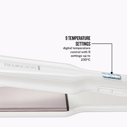 Remington Pro Ceramic Extra Wide Plate Straightener with digital temperature display, 9 heat settings and adjustable styling temperatures up to 230°C.