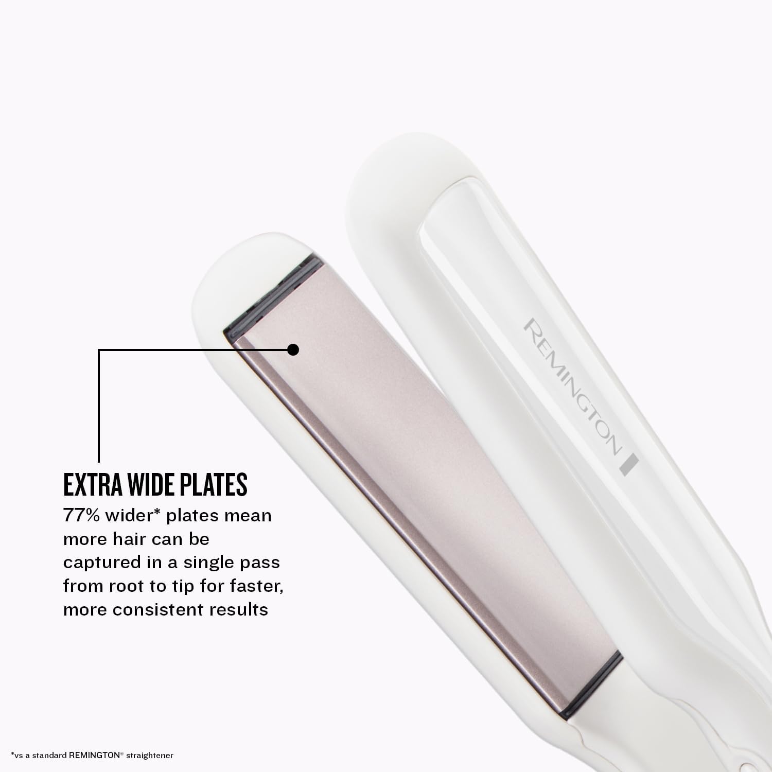 Remington Pro Ceramic Extra Wide Plate Straightener featuring 77% wider ceramic plates for faster straightening and smooth, consistent styling.