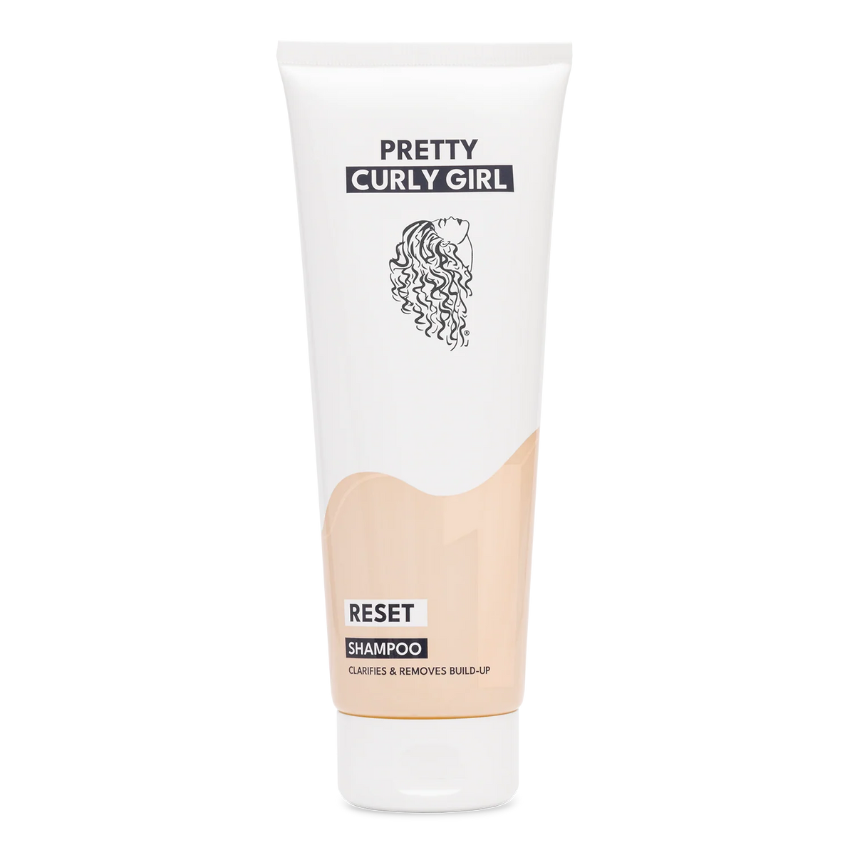 A white squeeze tube of Pretty Curly Girl Reset Shampoo with a beige color-blocked section and black text, centered on a white background.