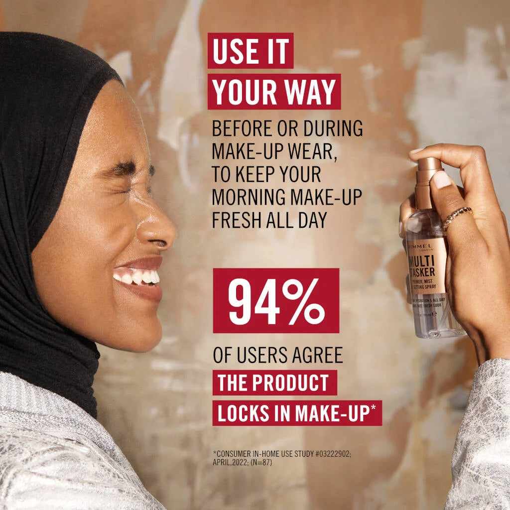Rimmel London Multi Tasker Primer Mist &amp; Setting Spray 100ml how to use with results of consumer study