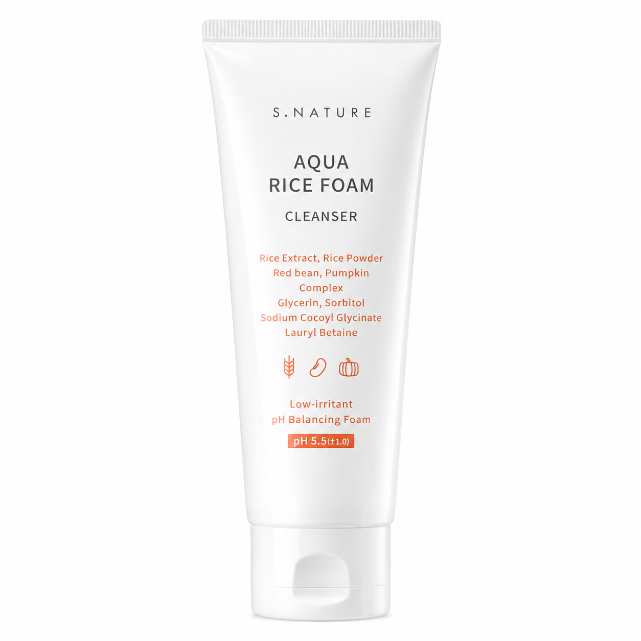 white s.nature aqua rice foam cleanser tube on a clean white background with minimalist packaging and a low-irritant ph balancing formula.