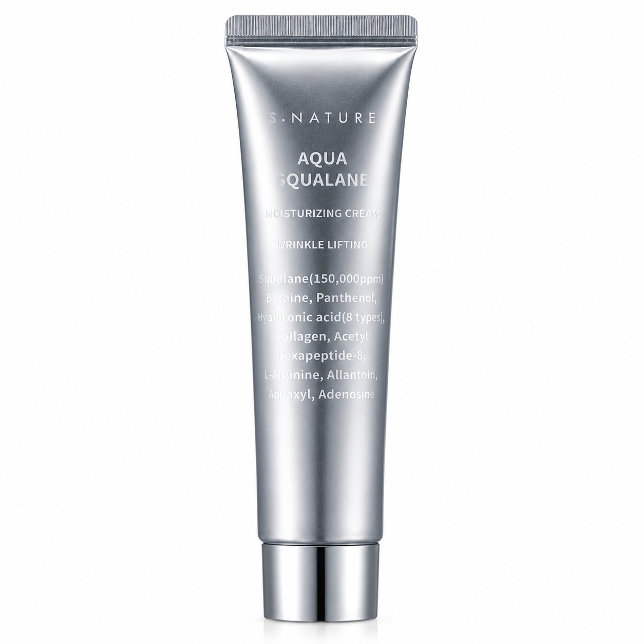 silver s.nature aqua squalane moisturizing cream tube on a clean white background with a sleek metallic finish and minimalist packaging.