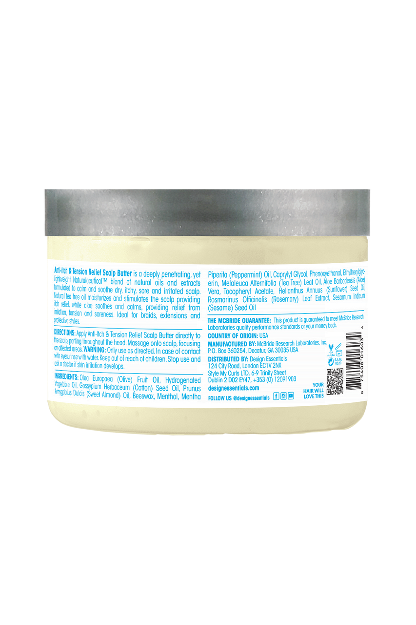 Back view of a anti-itch butter jar with a silver lid and blue text on a white background