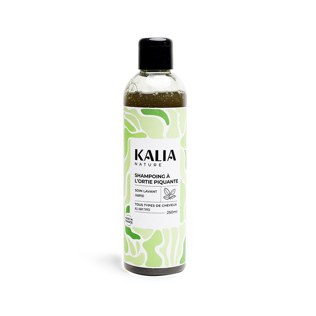 A bottle of Kalia Nature Nettle Shampoo 250ml with green label, predominantly white background.