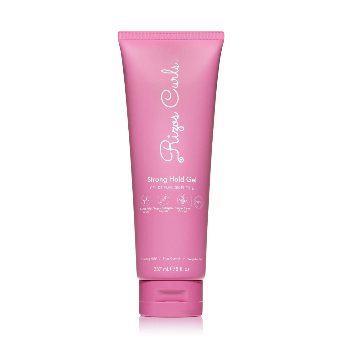 rizos_curls_strong hold gel. for lasting hold, frizz control and weightless feel.