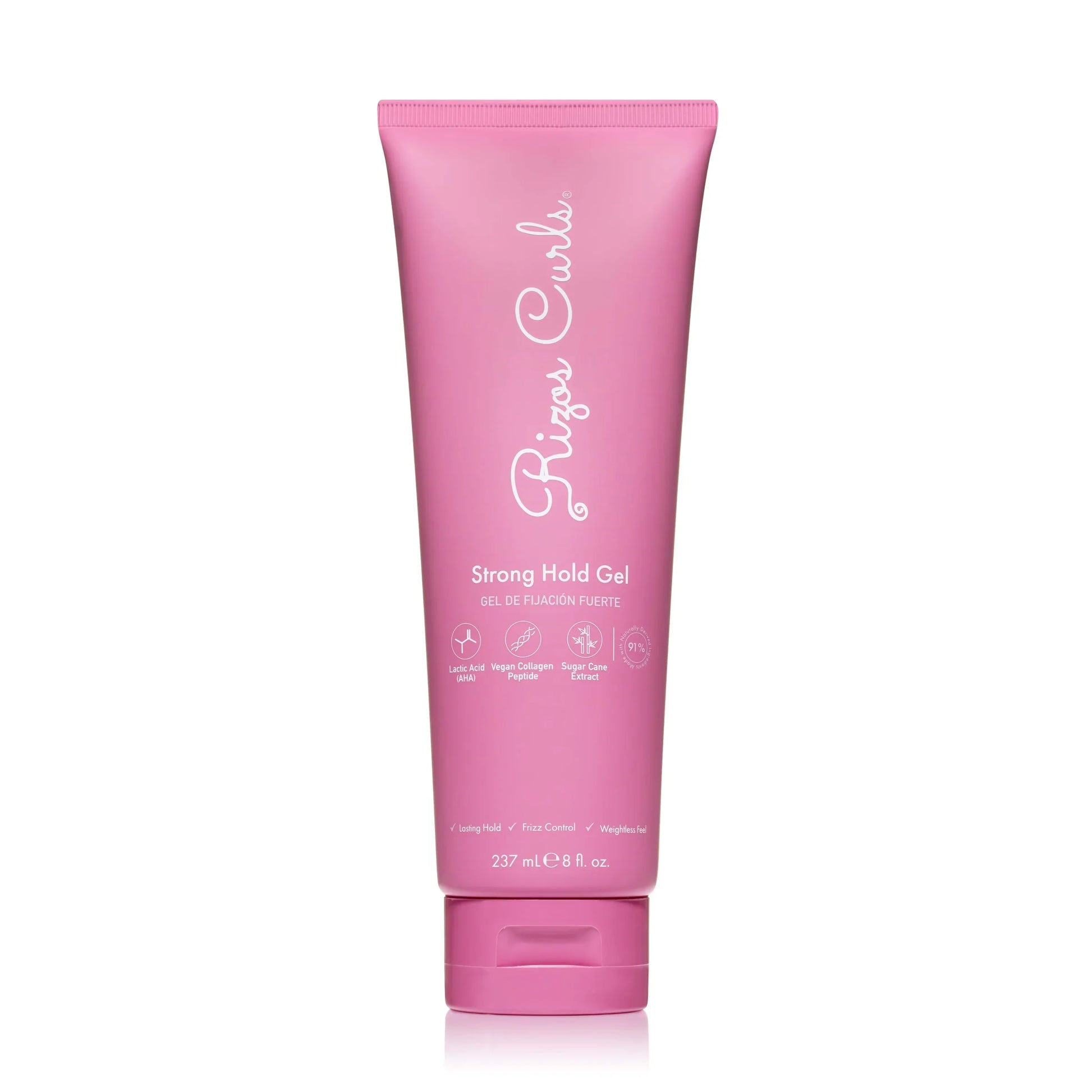 Pink tube of 'Rizzas Curl Strong Hold Gel' on a white background
