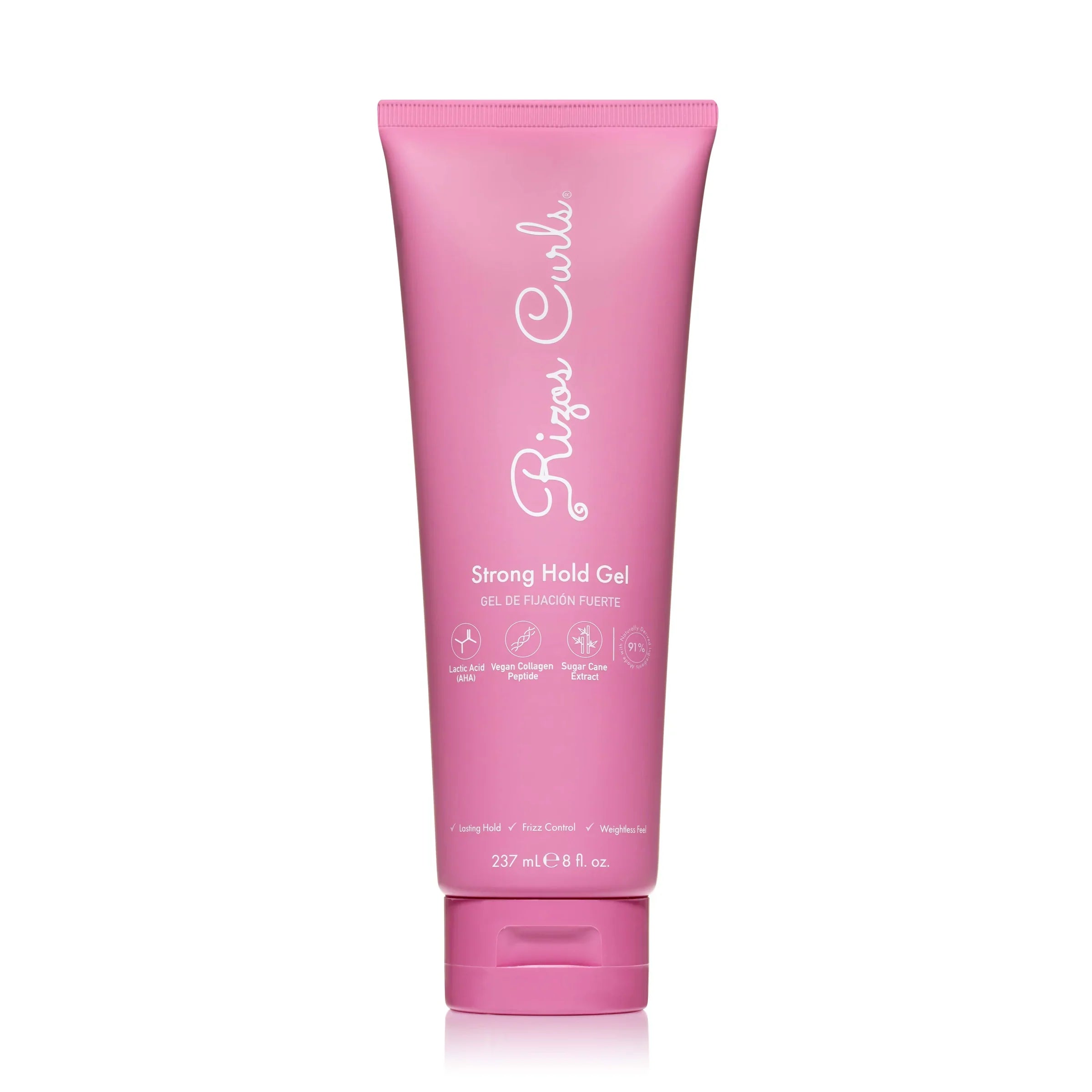 Pink tube of 'Rizzas Curl Strong Hold Gel' on a white background