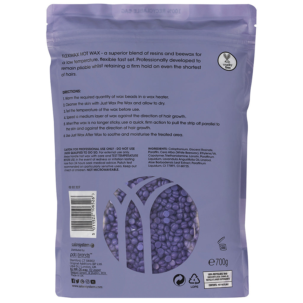 Back of Salon System Just Wax Flexiwax Stripless Hot Wax Lavender & Aloe 700g pouch with directions, ingredients and product information