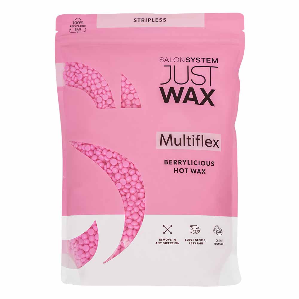 Salon System Just Wax Multiflex Berrylicious Hot Wax 700g stripless waxing beads with crème formula for gentle, multidirectional hair removal