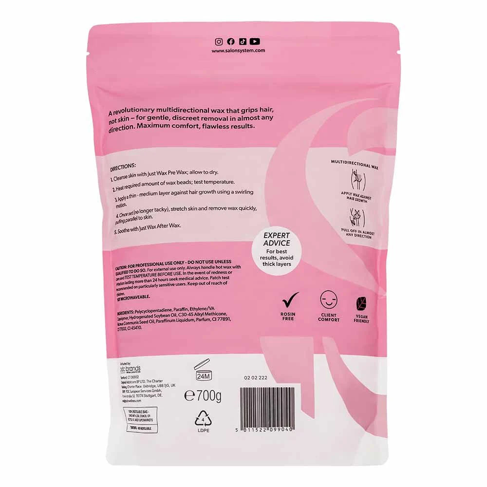 Back of Salon System Just Wax Multiflex Berrylicious Hot Wax 700g pouch with directions, ingredients and professional product information