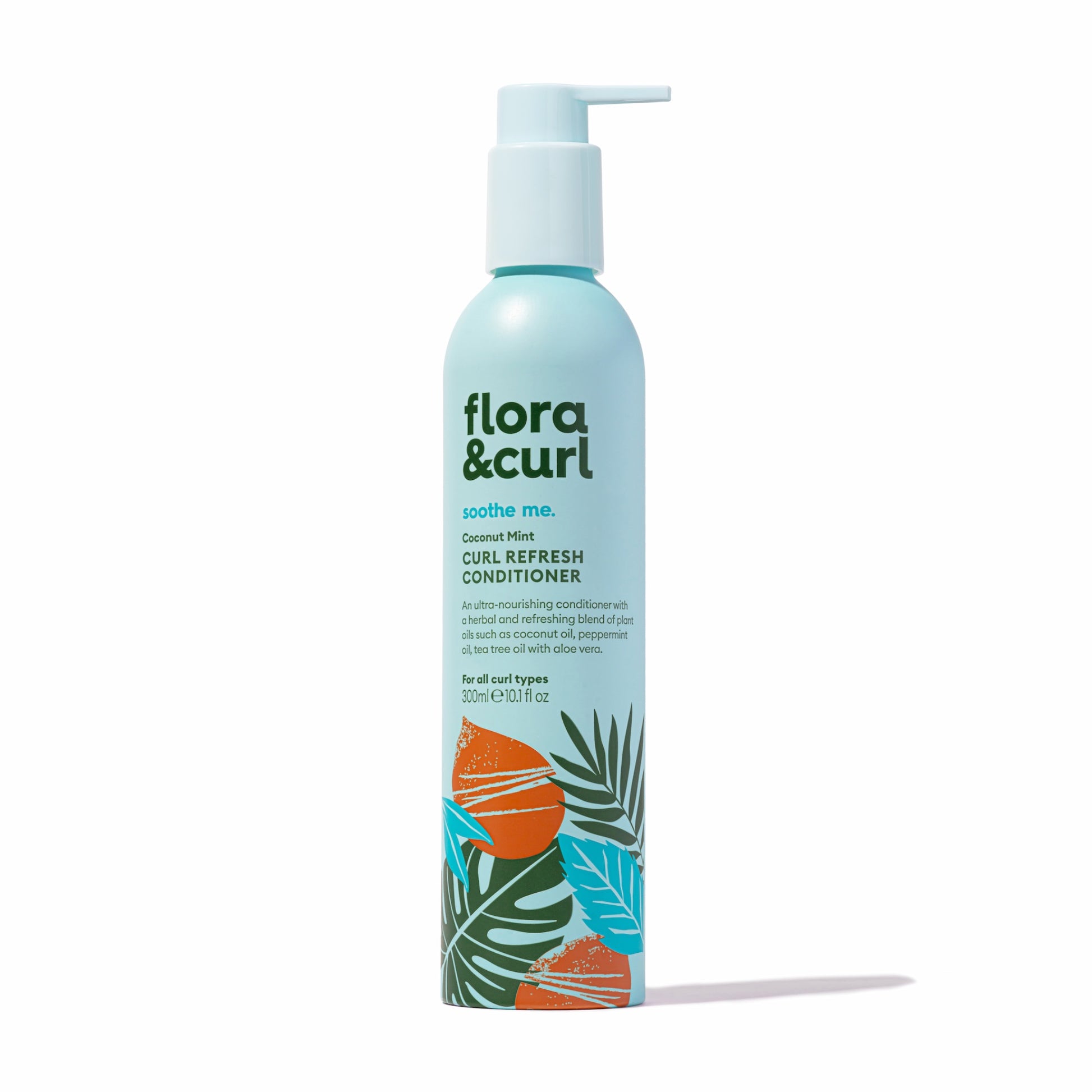 Flora & Curl conditioner bottle with tropical leaf design on a white background