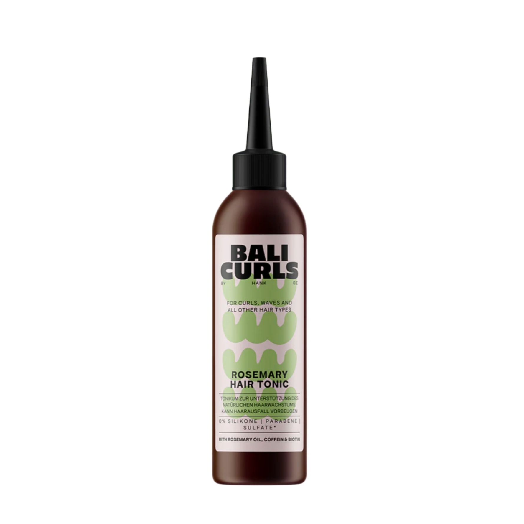 A bottle of Bali Curls Rosemary Grow Tonic with a white label and green accents on a plain background.