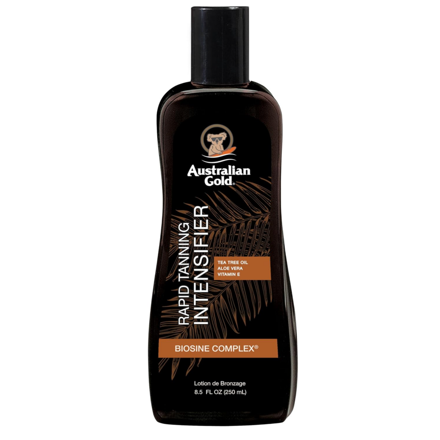 Australian Gold Rapid Tanning Intensifier Biosine Complex 250ml tanning lotion with tea tree oil, aloe vera and vitamin E, black bottle isolated on a white background, high-resolution e-commerce product image.