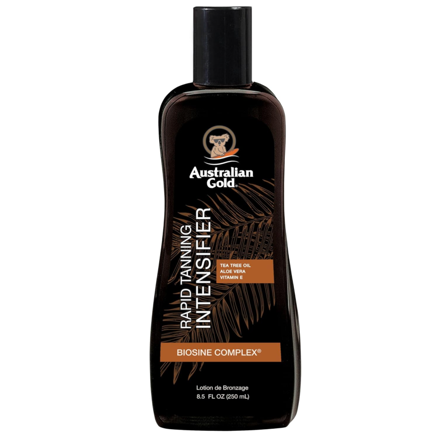 Australian Gold Rapid Tanning Intensifier Biosine Complex 250ml tanning lotion with tea tree oil, aloe vera and vitamin E, black bottle isolated on a white background, high-resolution e-commerce product image.