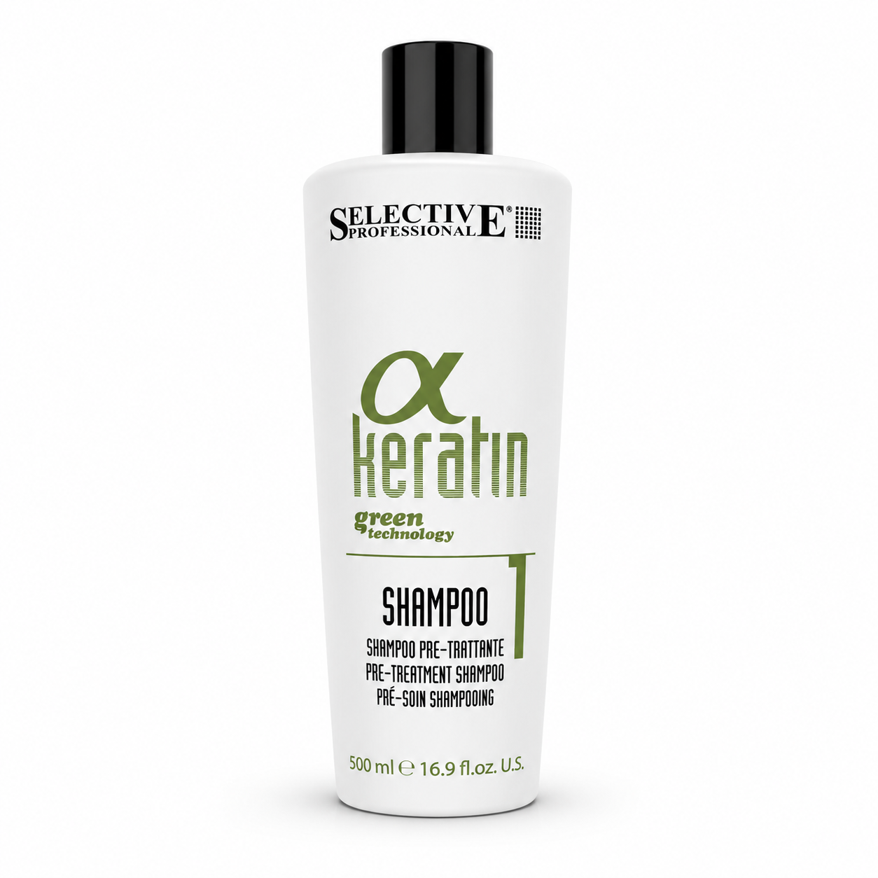 Selective Professional Alpha Keratin No.1 Pre-Treatment Shampoo 500ml, deep cleansing professional shampoo to prepare hair before keratin treatment for optimal smoothing results.
