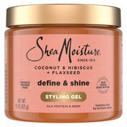 SheaMoisture Coconut & Hibiscus + Flaxseed Define & Shine Styling Gel 15oz / 425g with silk protein, neem and Fair Trade shea butter for hydrated, shiny curls