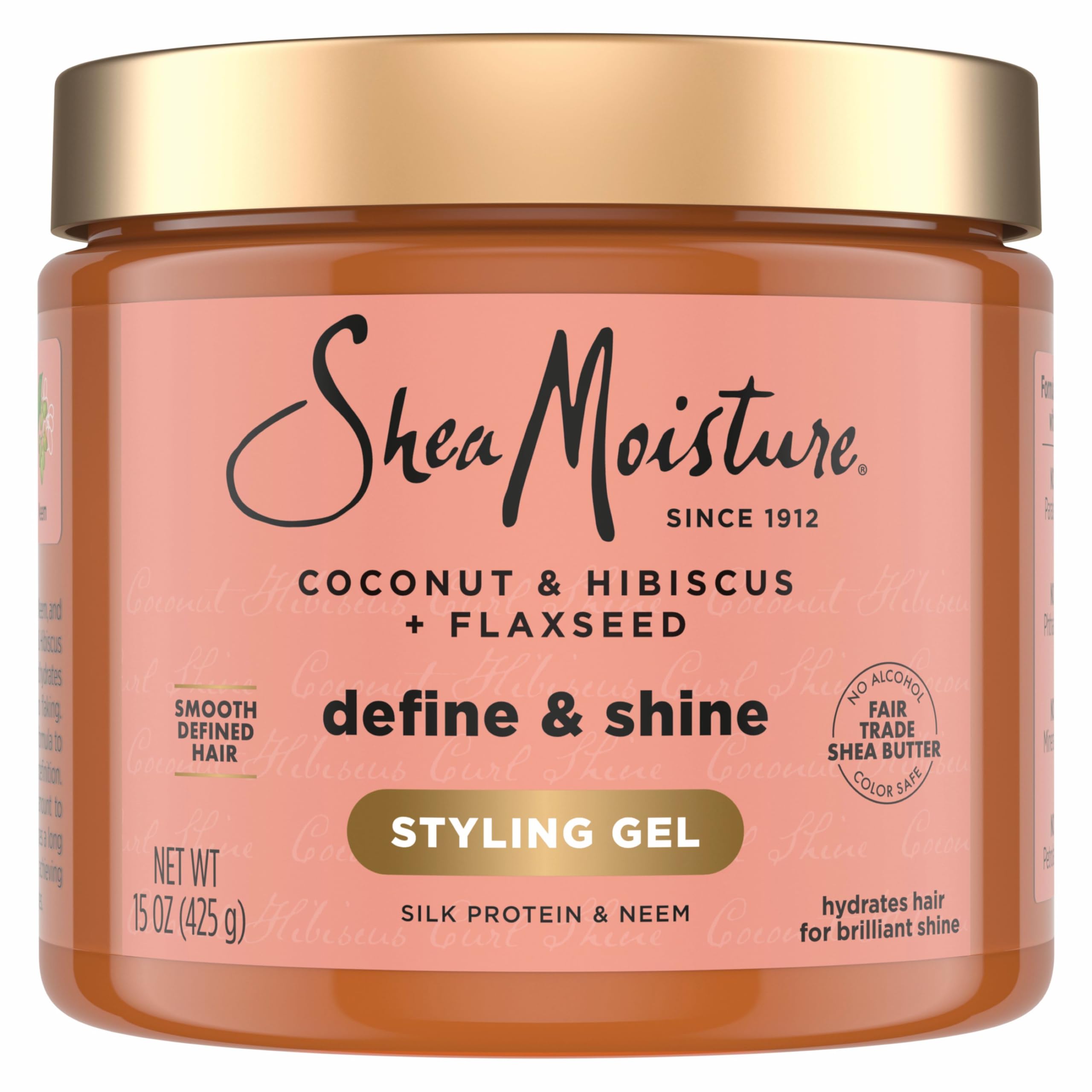 SheaMoisture Coconut & Hibiscus + Flaxseed Define & Shine Styling Gel 15oz / 425g with silk protein, neem and Fair Trade shea butter for hydrated, shiny curls