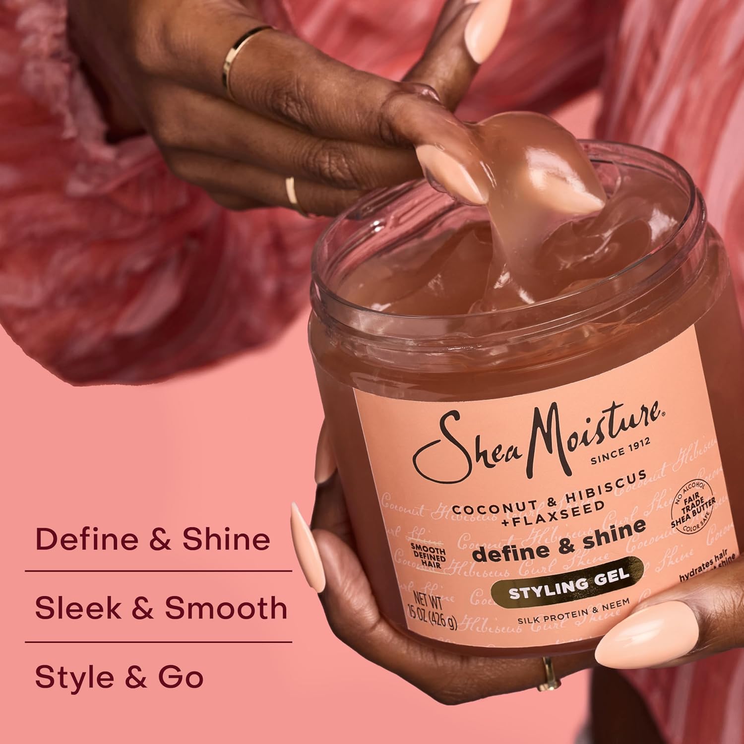SheaMoisture Coconut & Hibiscus + Flaxseed Define & Shine Styling Gel texture, an alcohol-free styling gel for sleek, smooth and defined curls