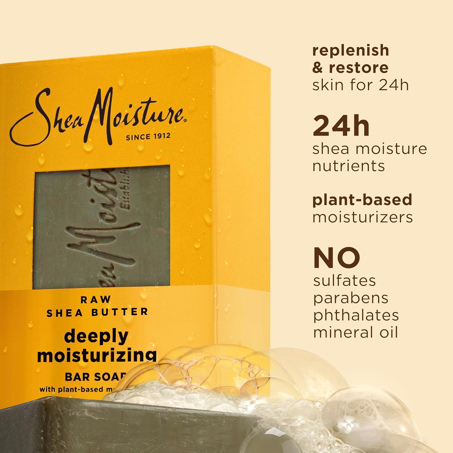 SheaMoisture Raw Shea Butter Deeply Moisturizing Bar Soap providing 24-hour moisture, plant-based moisturisers and sulphate-free skin cleansing
