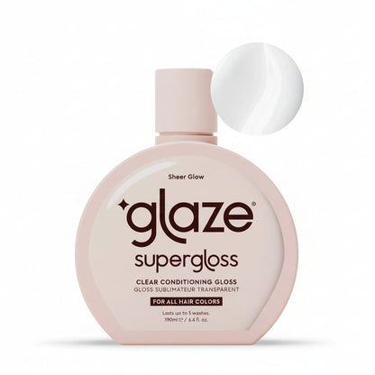Superglaze clear conditioning gloss bottle on a light pink background