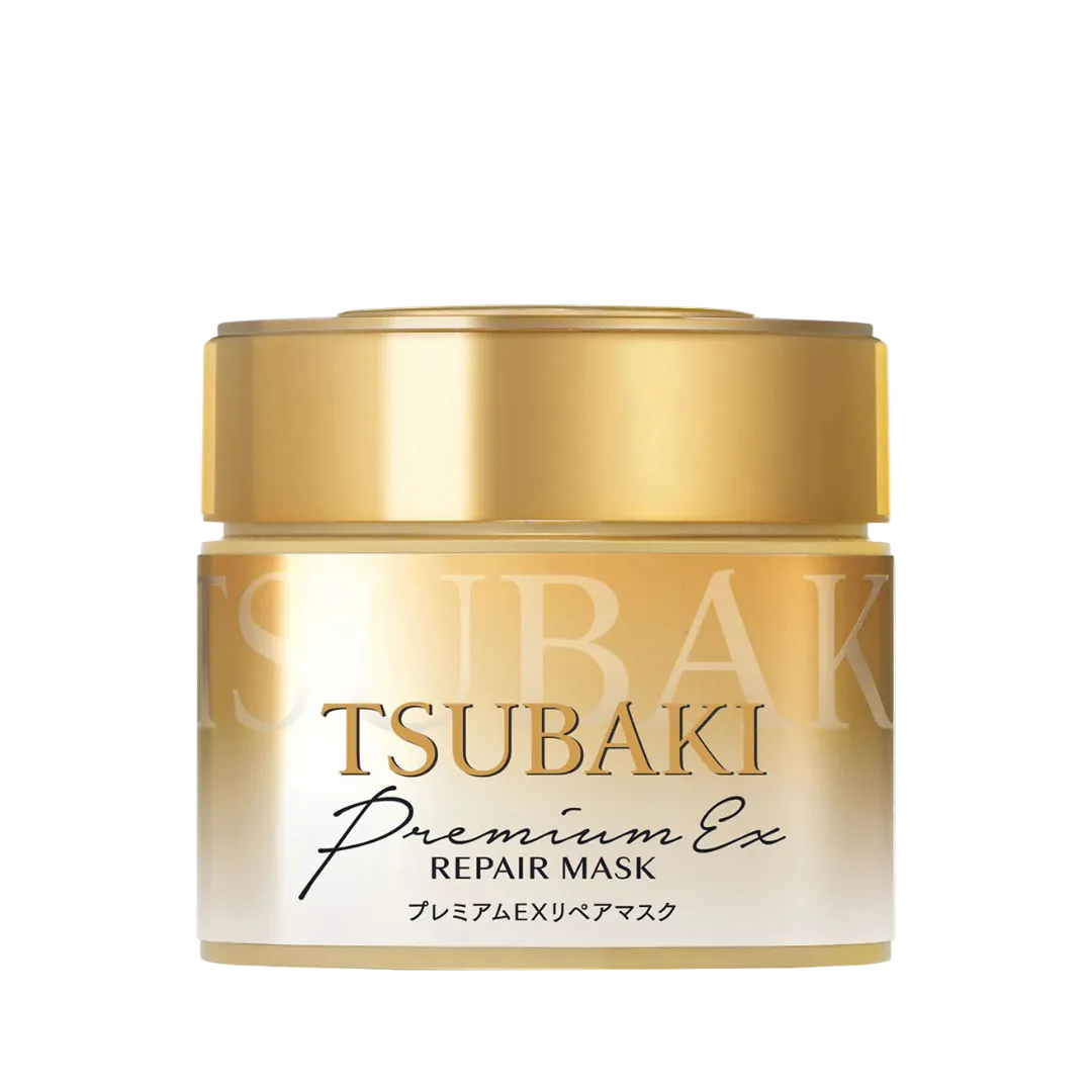 Gold jar of Tsubaki Premium EX Repair Mask on a white background