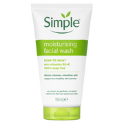 Simple Kind to Skin Moisturising Facial Wash 150ml, soap-free cleanser with vitamins B5 and E for sensitive skin white and green tube on a white background