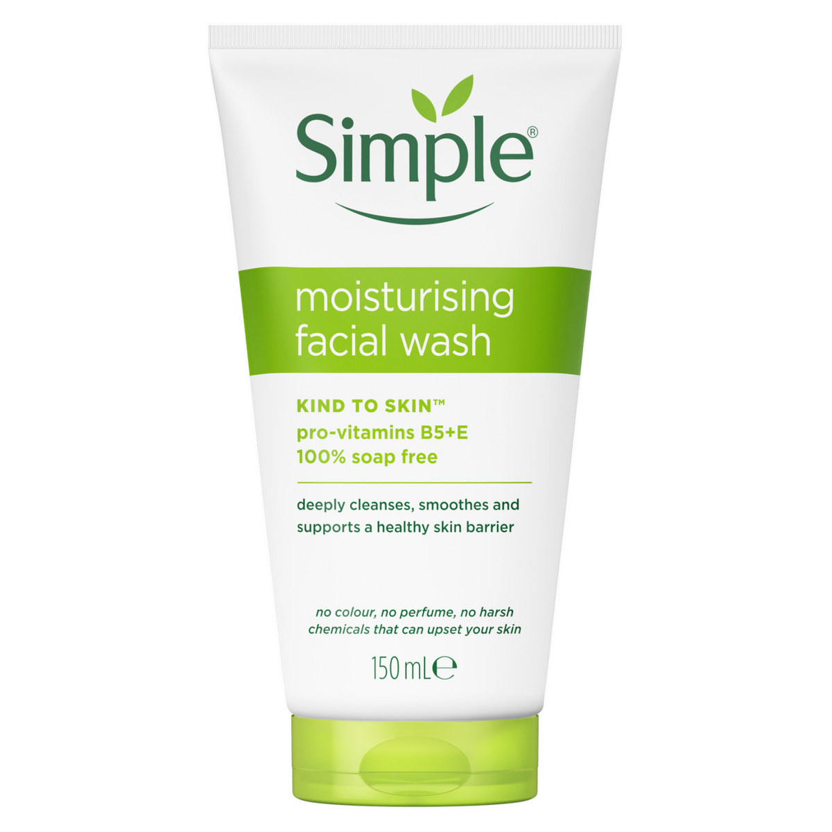 Simple Kind to Skin Moisturising Facial Wash 150ml, soap-free cleanser with vitamins B5 and E for sensitive skin white and green tube on a white background