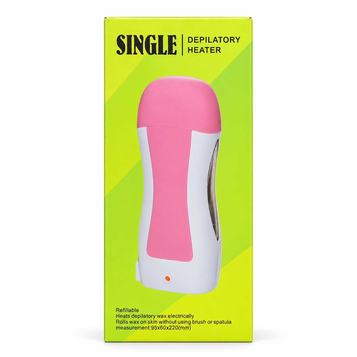 Single Depilatory Heater for 100g roll-on wax cartridge in retail packaging, refillable electric wax heater for professional and at-home hair removal on a clean white background