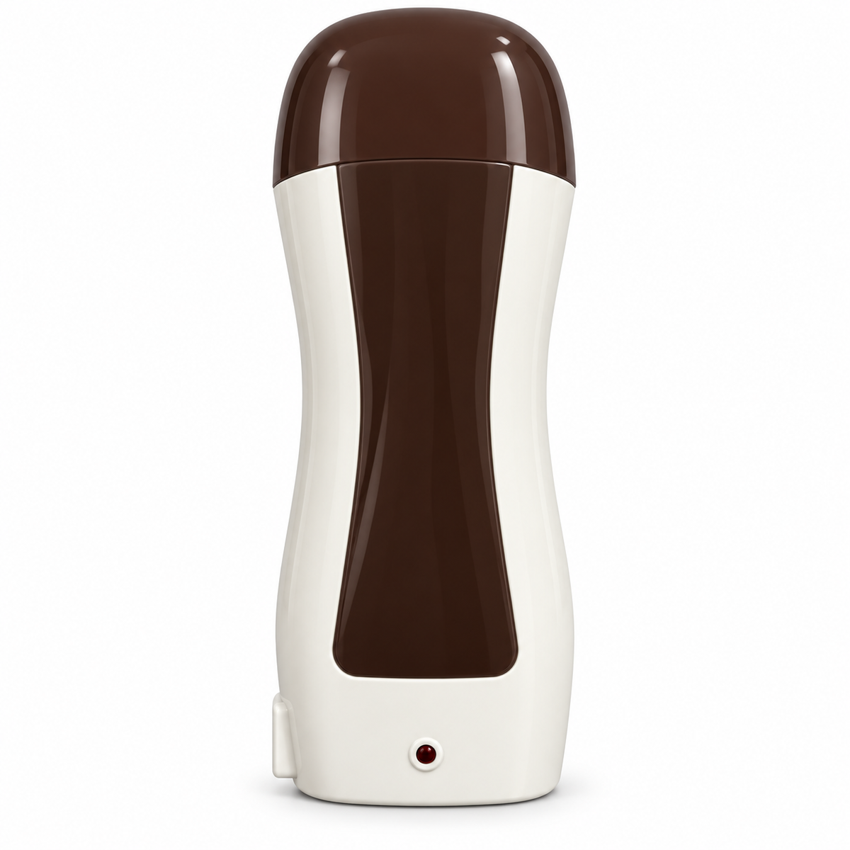 Single Depilatory Heater for 100g roll-on wax cartridge in ivory and brown, featuring an ergonomic handheld design and red heating indicator light on a clean white background
