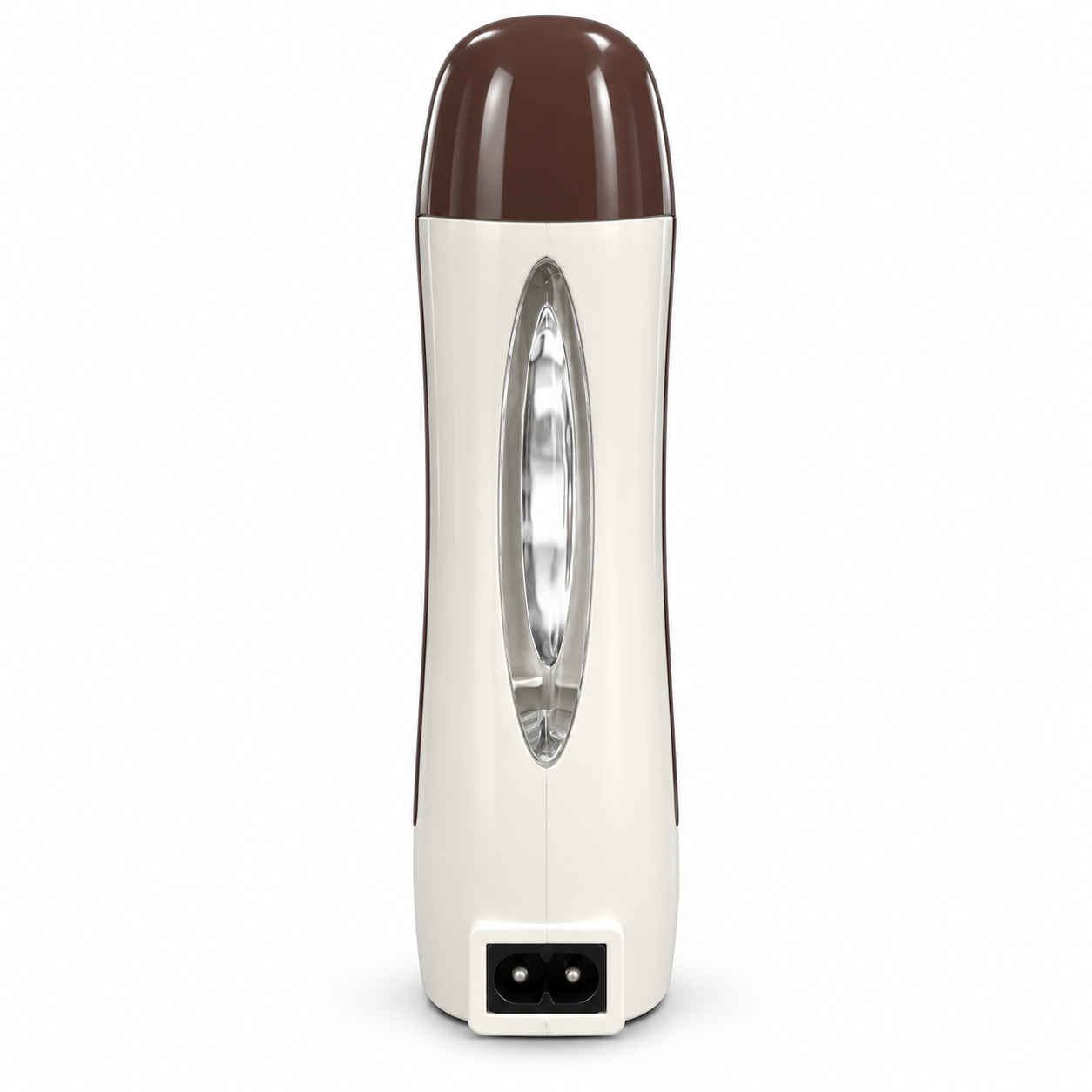 Single Depilatory Heater for 100g roll-on wax cartridge in ivory and brown, showing the clear wax level window and electrical power socket on a clean white background