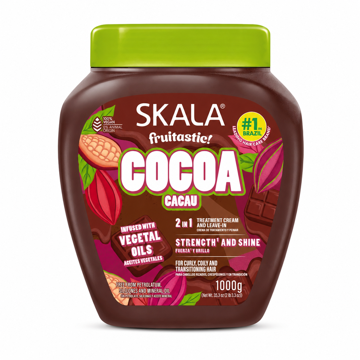 Skala Fruitastic Cocoa Hair Treatment Cream 1KG in a brown tub with a green lid, displayed on a clean white background. Vegan 2-in-1 treatment cream and leave-in infused with cocoa and vegetable oils to strengthen curly, coily and transitioning hair while promoting softness and shine.
