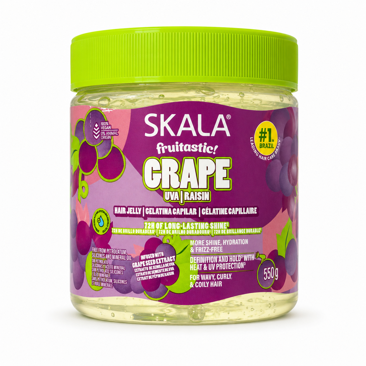 Skala Fruitastic Grape Hair Jelly 550g in a clear jar with a bright green lid, displayed on a clean white background. Vegan hair jelly infused with grape seed extract to enhance shine, define curls, hydrate hair and reduce frizz for wavy, curly and coily hair.
